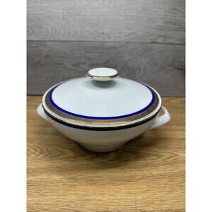 Bavaria Jaeger Germany Porcelain Serving Bowl with Lid Cobalt Blue Gold Trim 8”